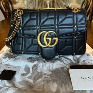 GUCCI Calfskin Matelasse Studded Medium GG Marmont Shoulder Bag Black